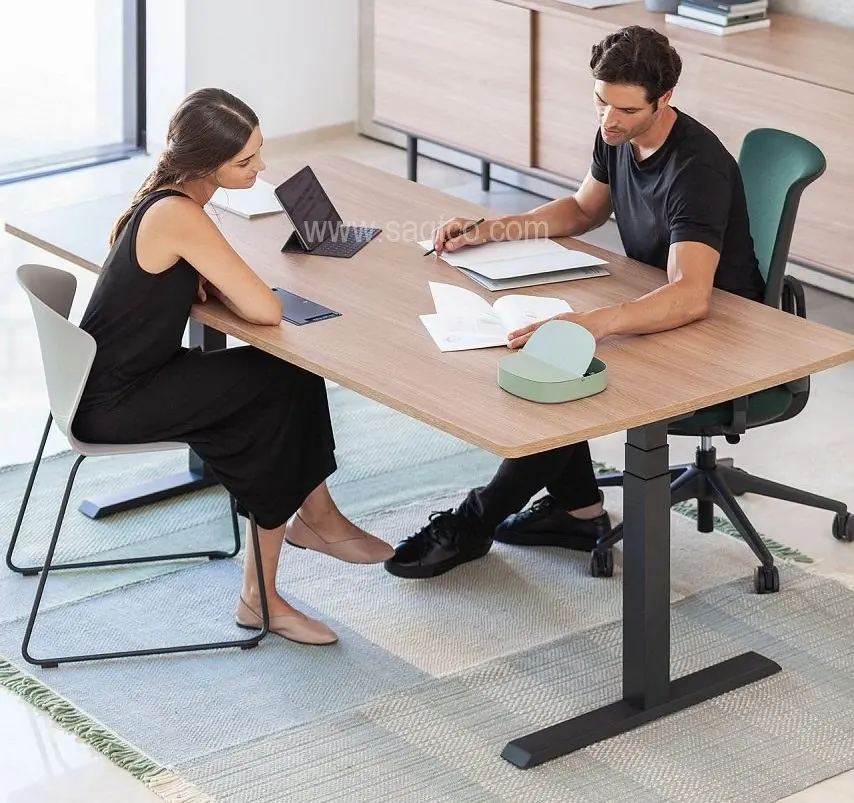 Two people working at a height-adjustable wooden desk