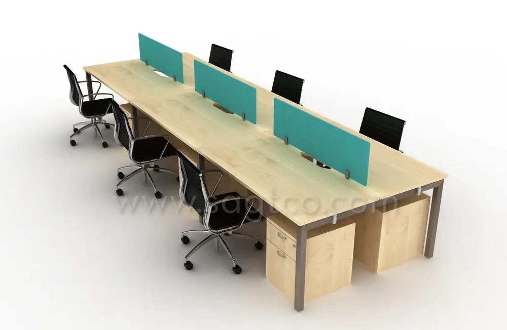 Six-person workstation cluster with fabric screen dividers