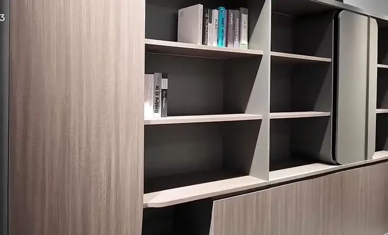 Wall storage unit with open shelves and wood cabinets